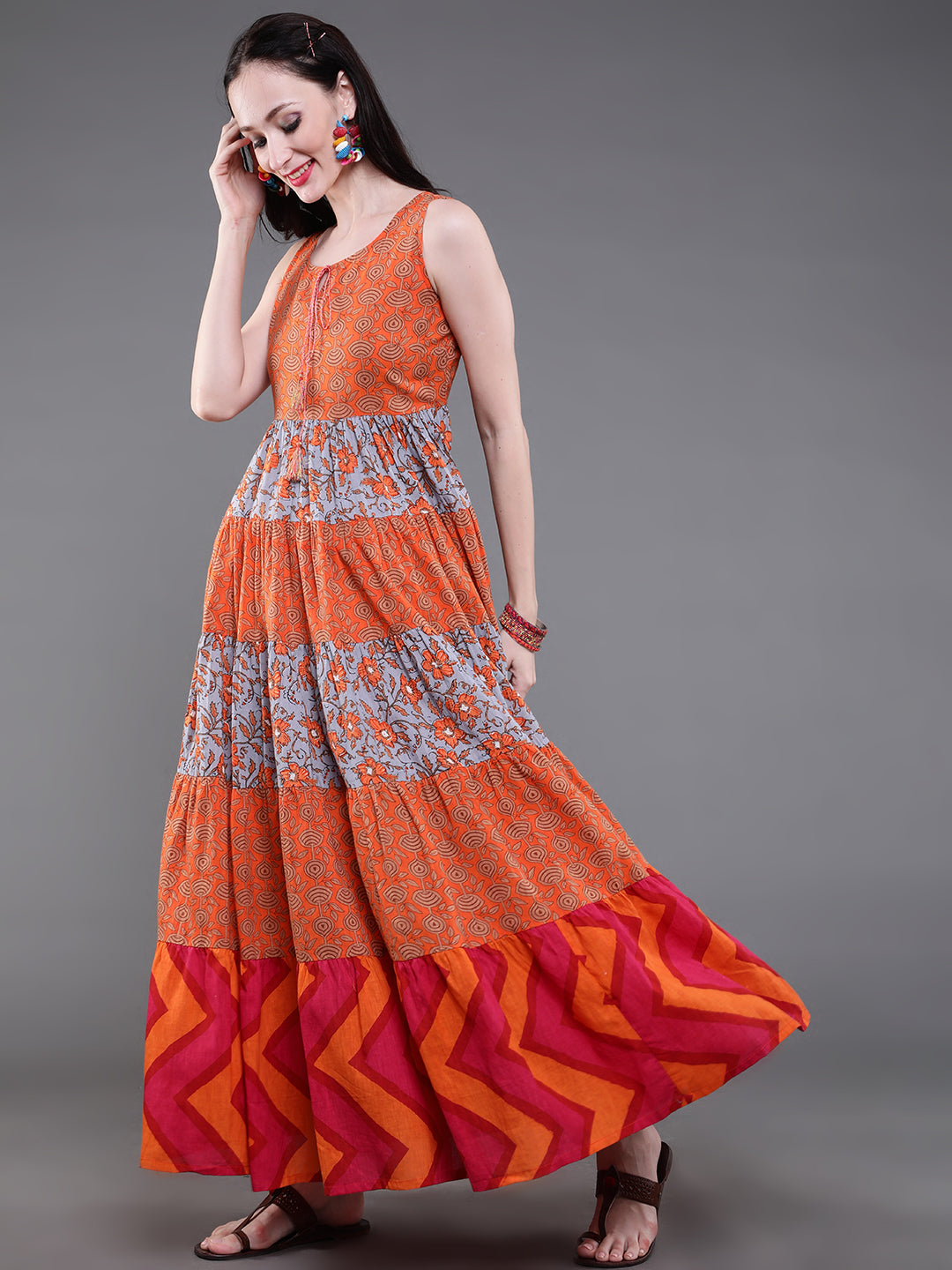 Orange & Grey Floral Print Flared Maxi Dress