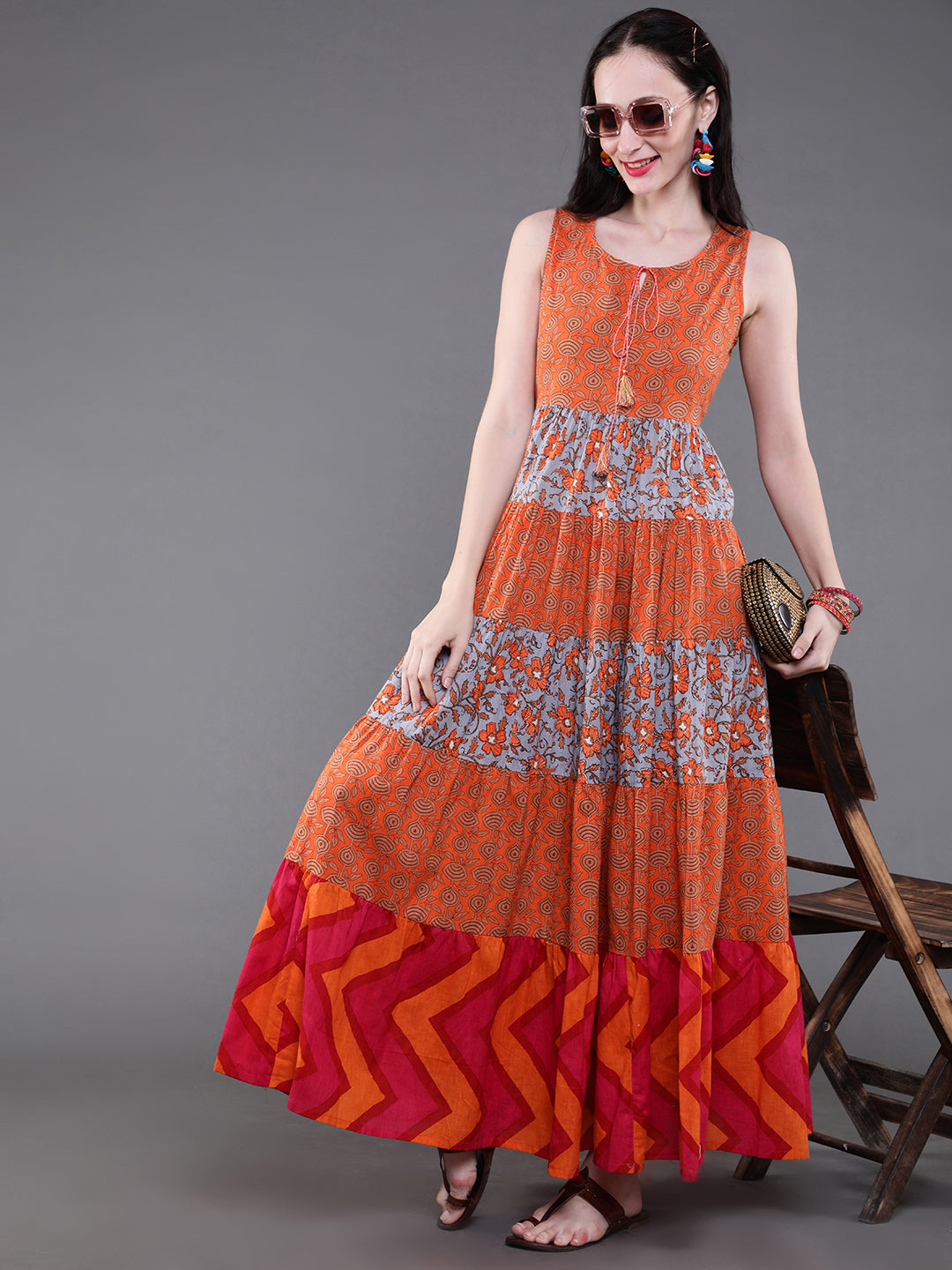 Orange & Grey Floral Print Flared Maxi Dress