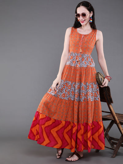 Orange & Grey Floral Print Flared Maxi Dress