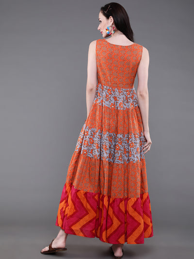 Orange & Grey Floral Print Flared Maxi Dress