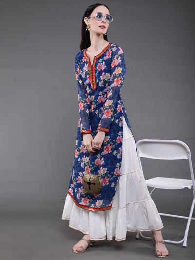 Blue Floral Print Kurta With Lace Details