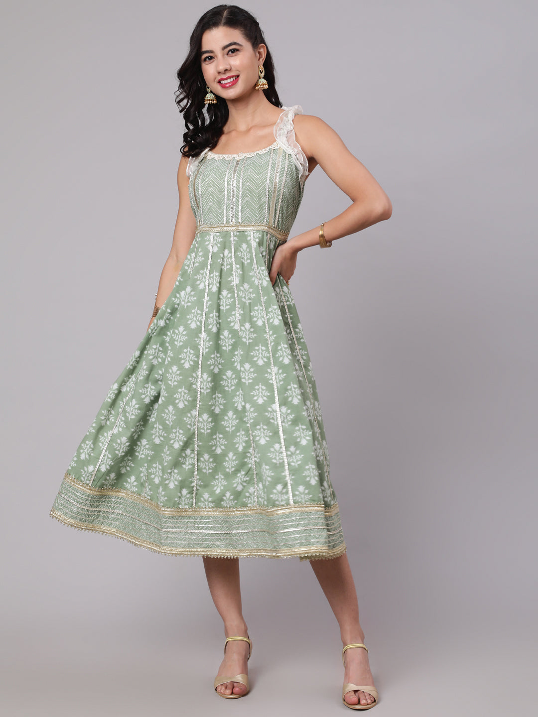Pastel Green Floral Print Midi Dress With Lace Work