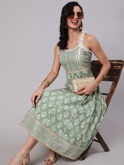Pastel Green Floral Print Midi Dress With Lace Work
