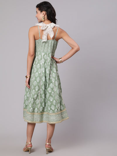 Pastel Green Floral Print Midi Dress With Lace Work