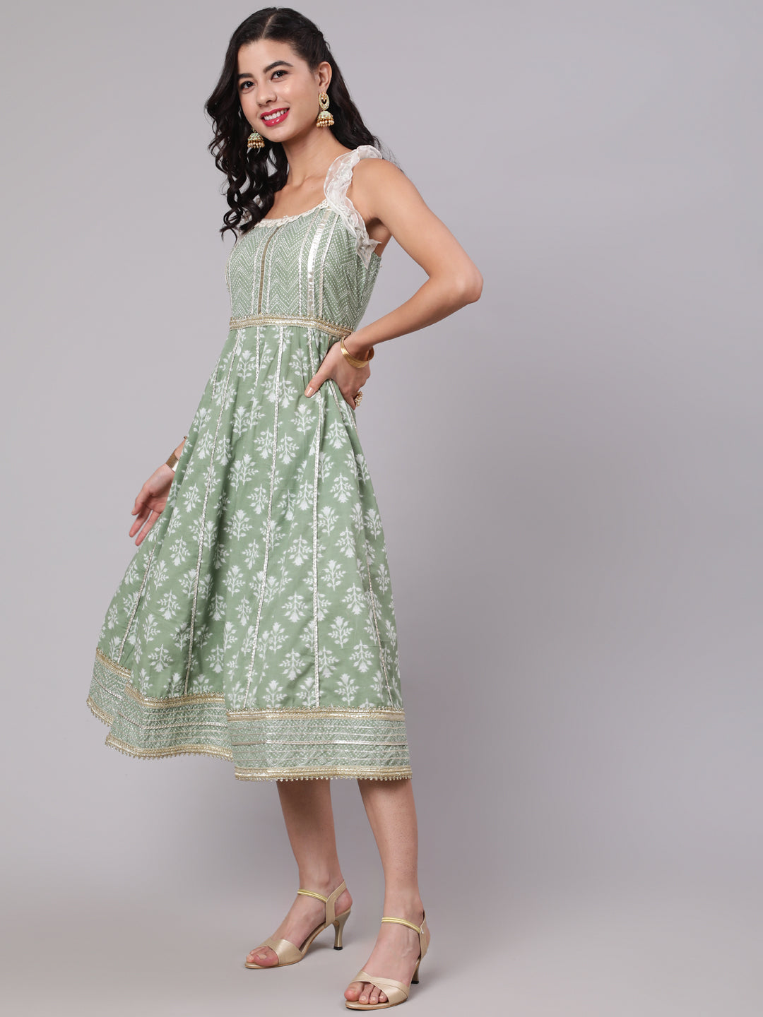 Pastel Green Floral Print Midi Dress With Lace Work