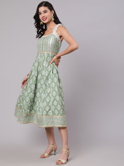 Pastel Green Floral Print Midi Dress With Lace Work