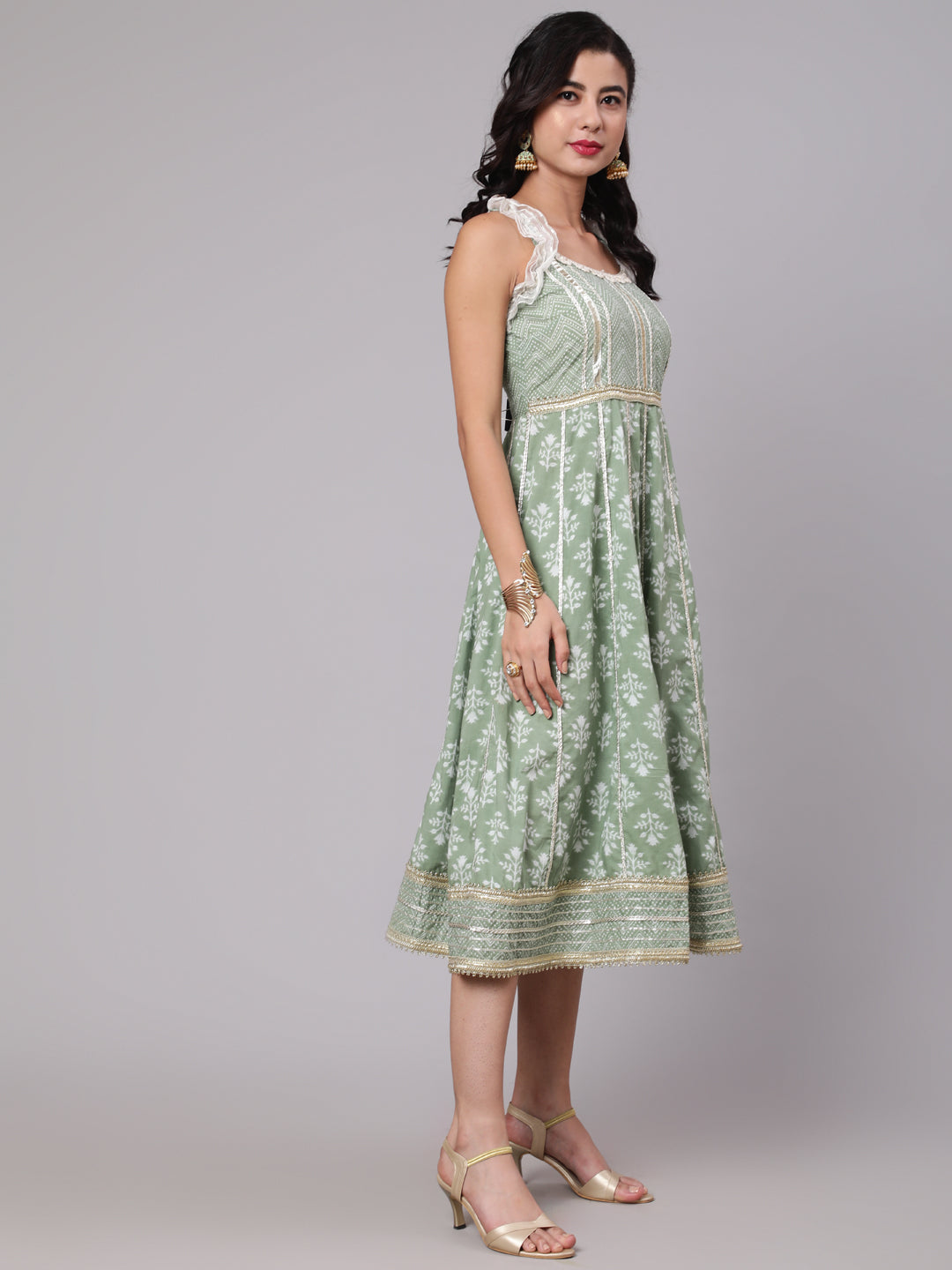 Pastel Green Floral Print Midi Dress With Lace Work