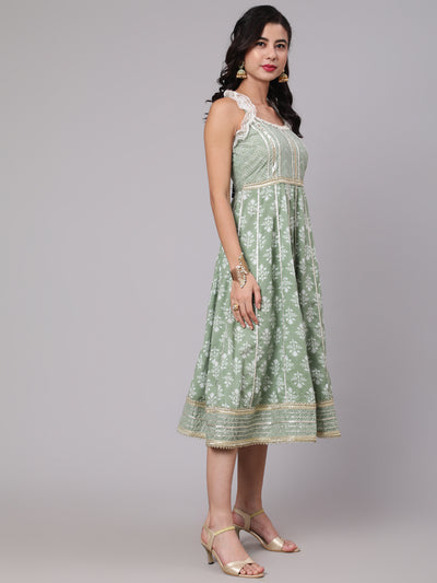 Pastel Green Floral Print Midi Dress With Lace Work