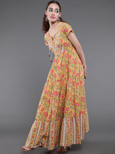 Yellow Floral Print Tiered Maxi Dress