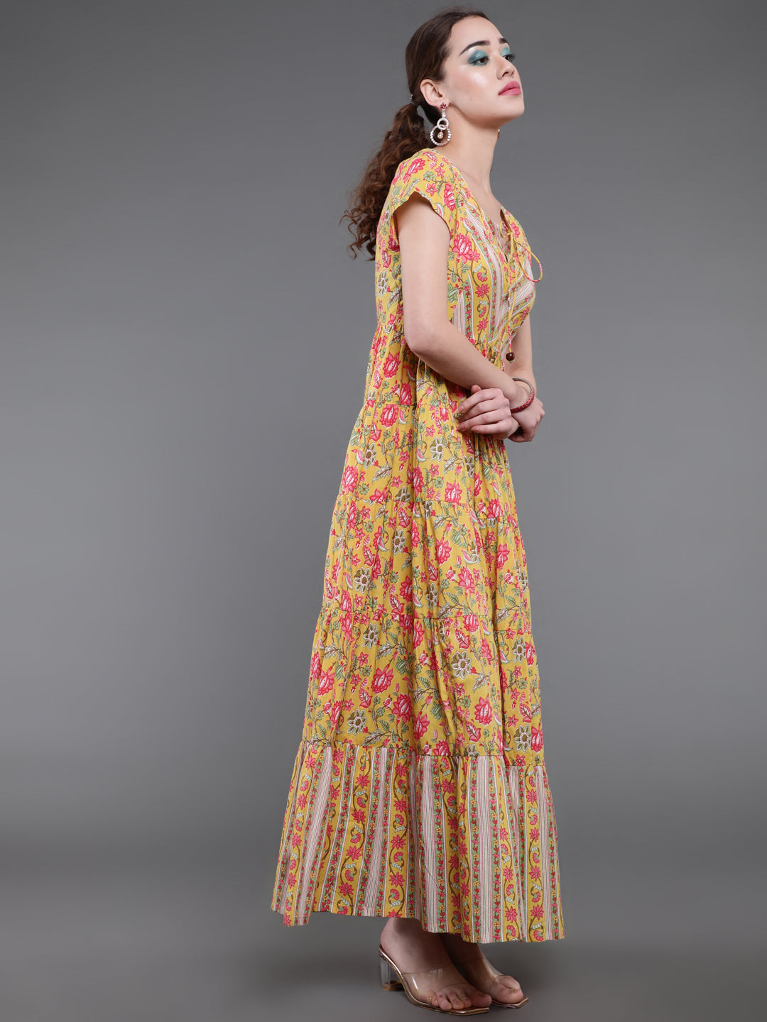 Yellow Floral Print Tiered Maxi Dress