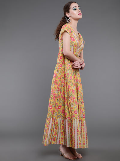 Yellow Floral Print Tiered Maxi Dress