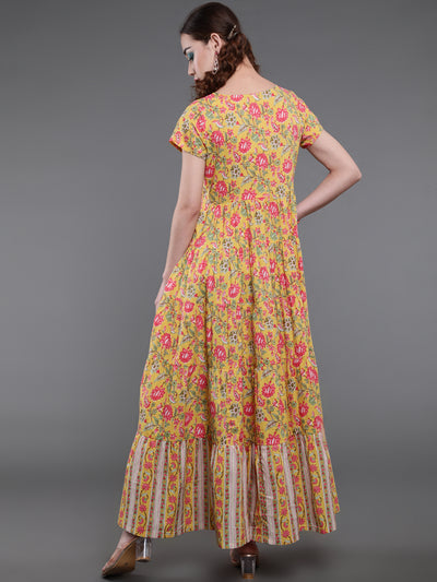 Yellow Floral Print Tiered Maxi Dress