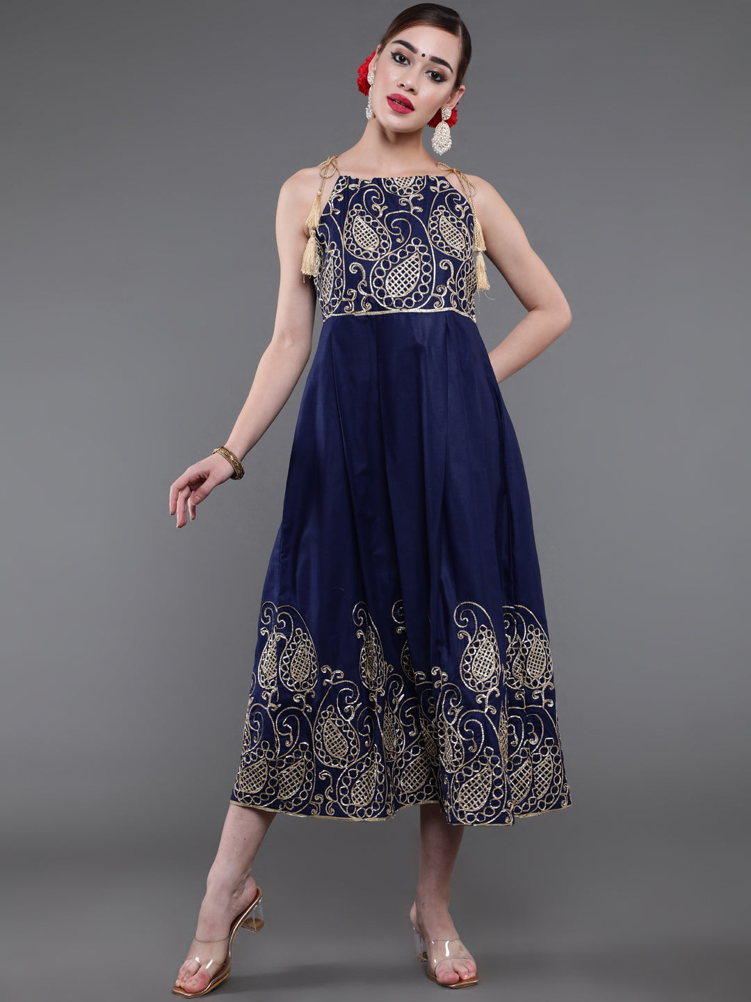 Navy Blue Embroidered Flared Maxi Dress