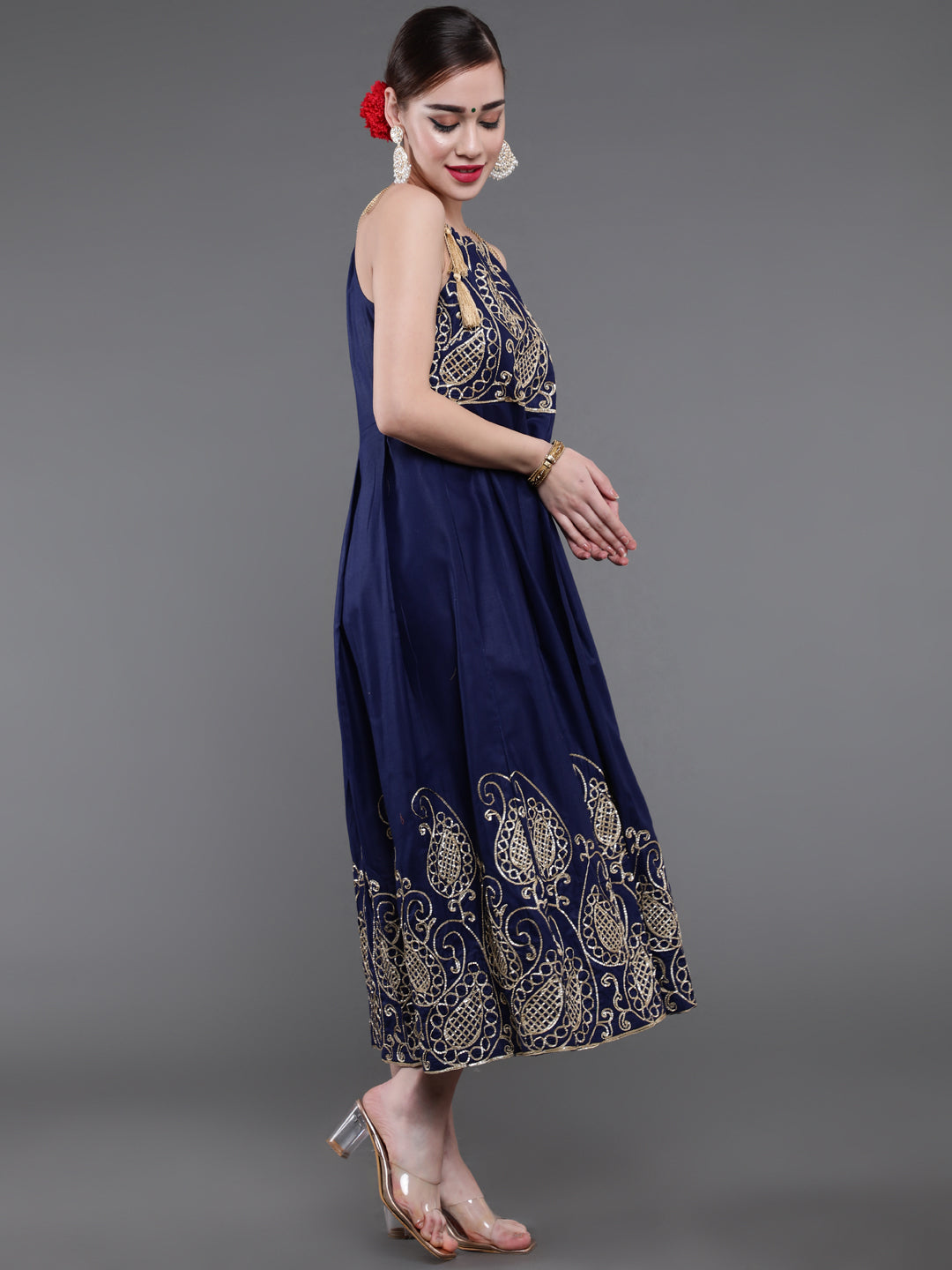 Navy Blue Embroidered Flared Maxi Dress