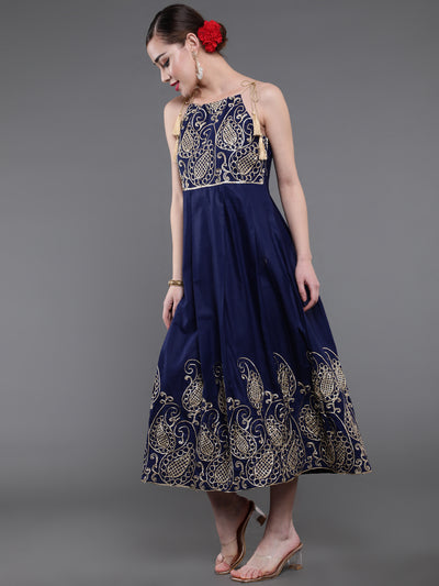 Navy Blue Embroidered Flared Maxi Dress