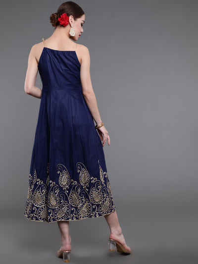 Navy Blue Embroidered Flared Maxi Dress