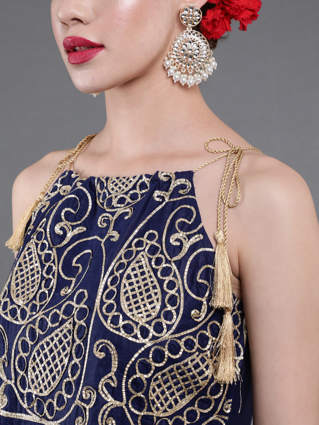 Navy Blue Embroidered Flared Maxi Dress