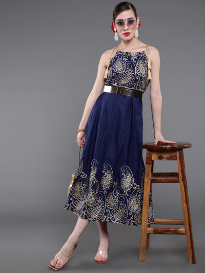 Navy Blue Embroidered Flared Maxi Dress