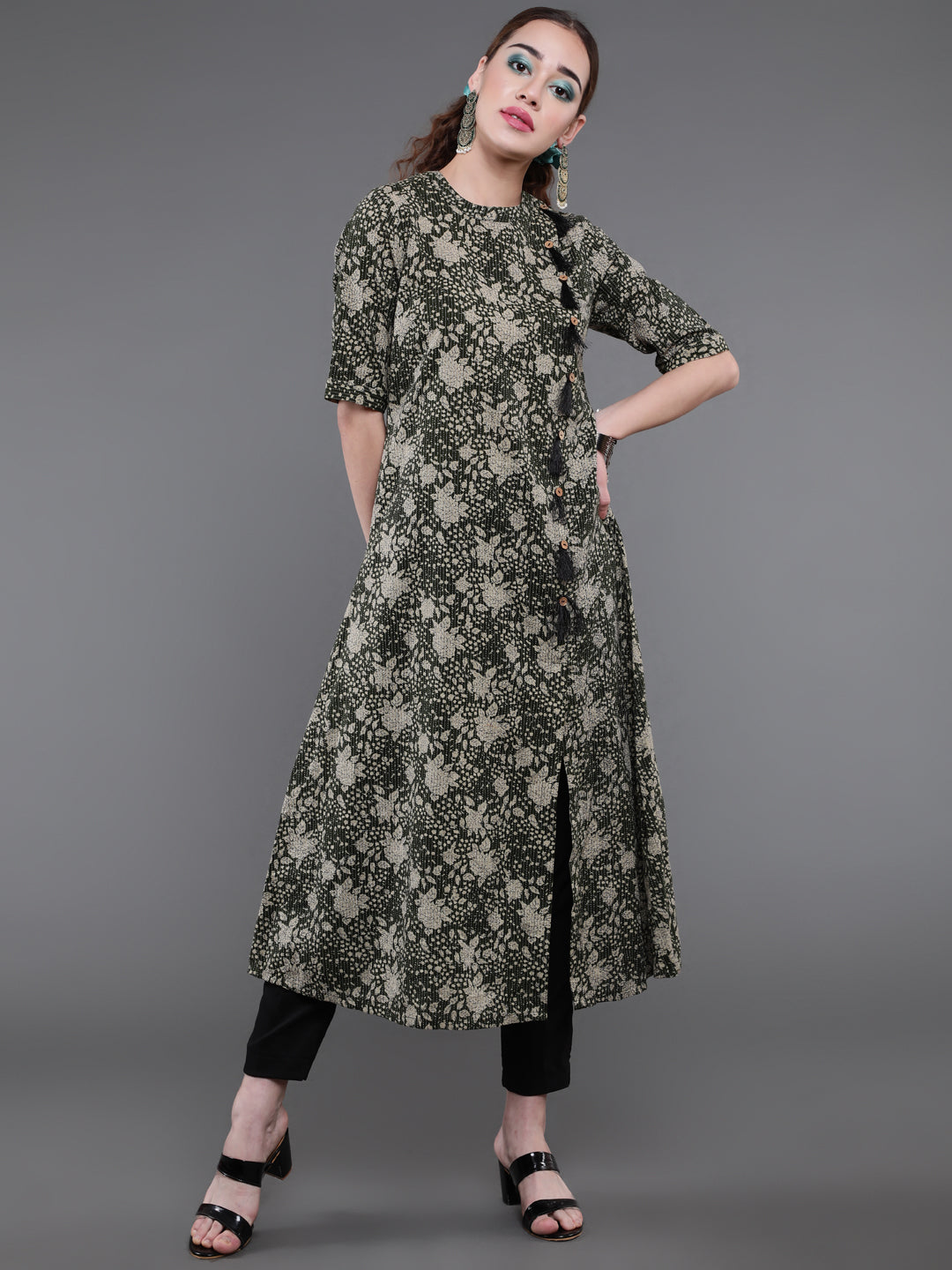 Green Floral Print Kantha Work A-Line Kurta