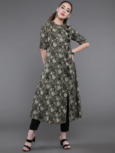 Green Floral Print Kantha Work A-Line Kurta