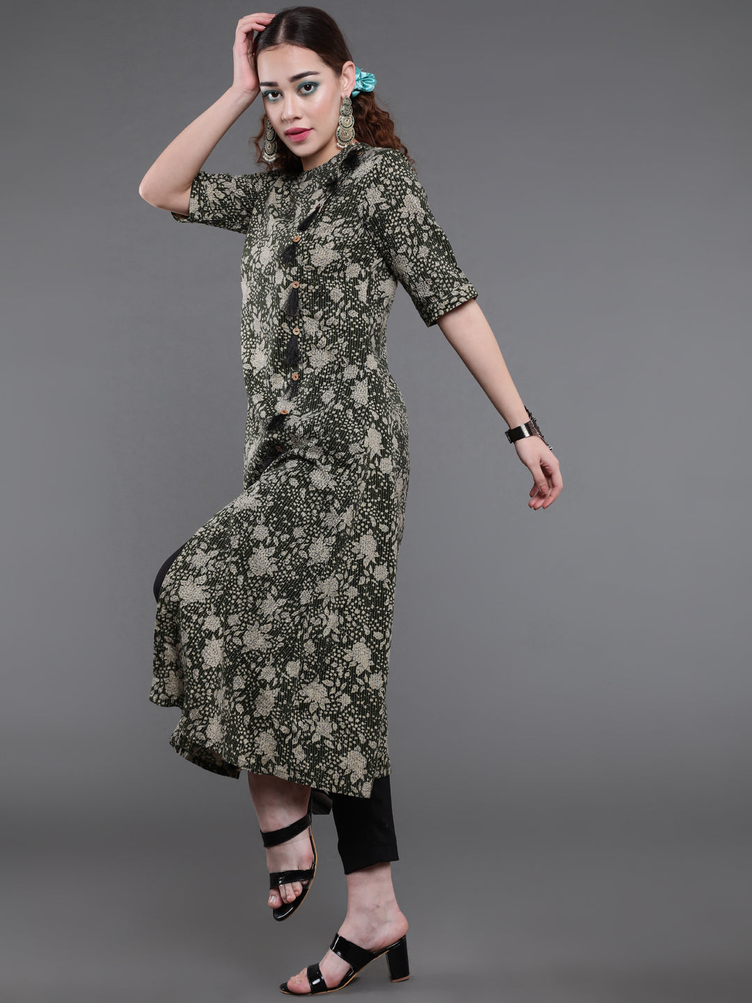 Green Floral Print Kantha Work A-Line Kurta