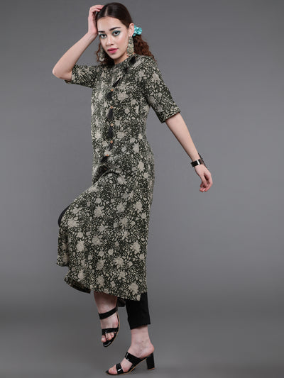Green Floral Print Kantha Work A-Line Kurta