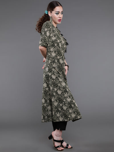 Green Floral Print Kantha Work A-Line Kurta