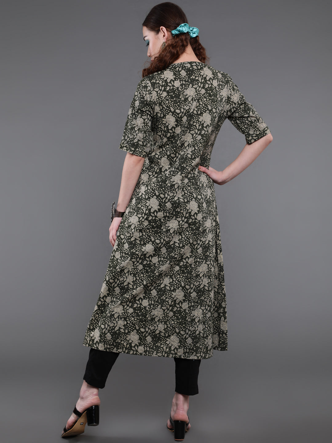 Green Floral Print Kantha Work A-Line Kurta