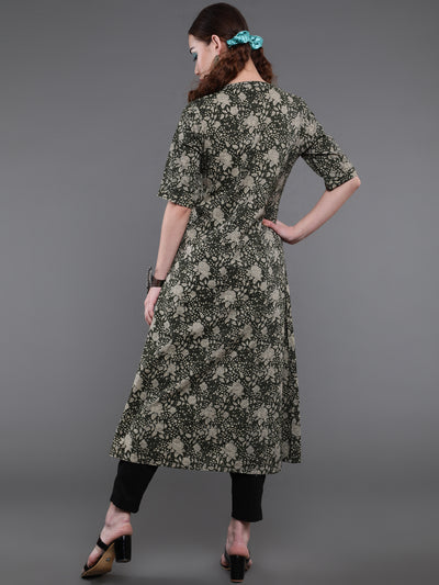 Green Floral Print Kantha Work A-Line Kurta