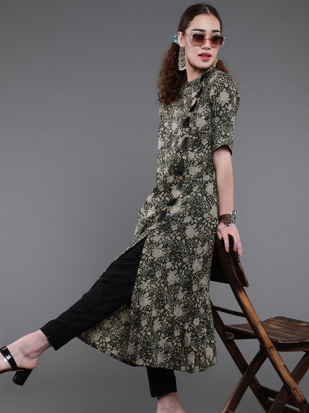 Green Floral Print Kantha Work A-Line Kurta