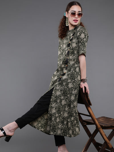Green Floral Print Kantha Work A-Line Kurta