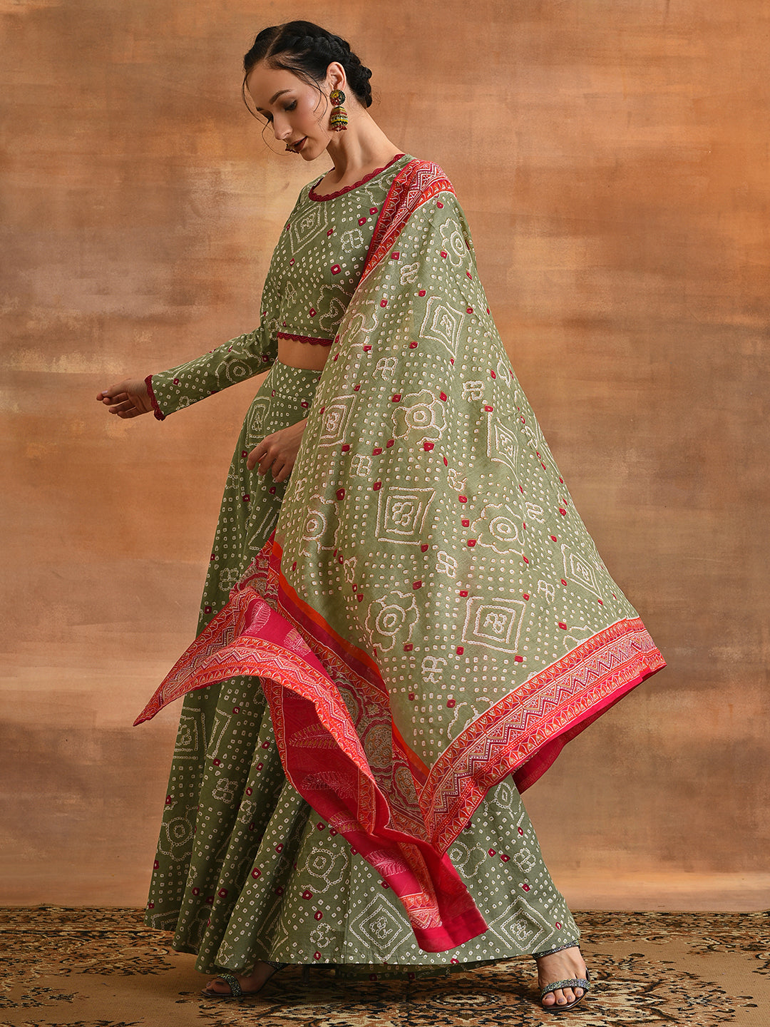 Pastel Green Bandhani Print Lehenga Choli With Dupatta