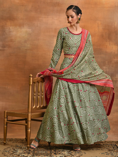 Pastel Green Bandhani Print Lehenga Choli With Dupatta