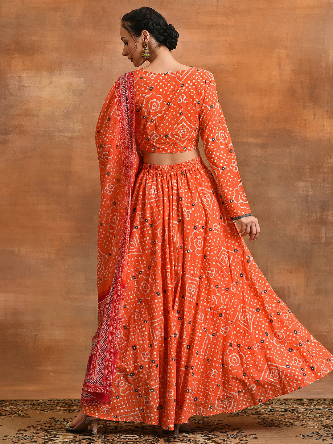 Orange Bandhani Print Lehenga Choli With Dupatta