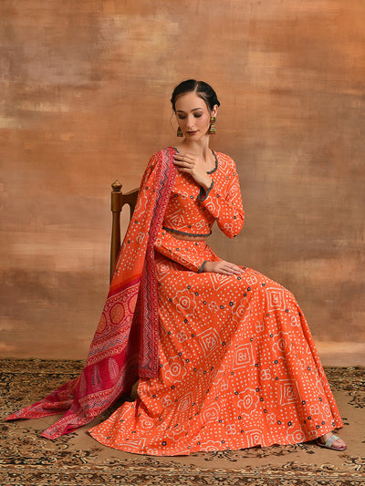 Orange Bandhani Print Lehenga Choli With Dupatta