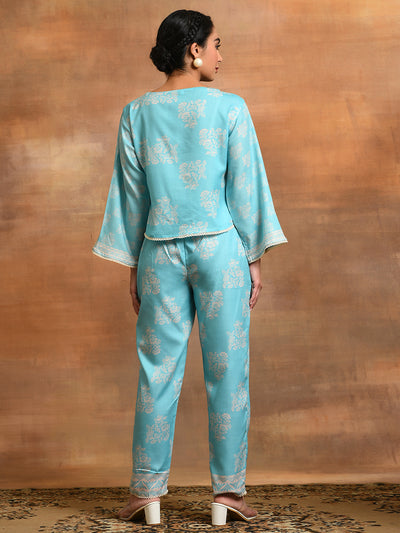 Turquoise Blue Floral Print Co-Ord Set
