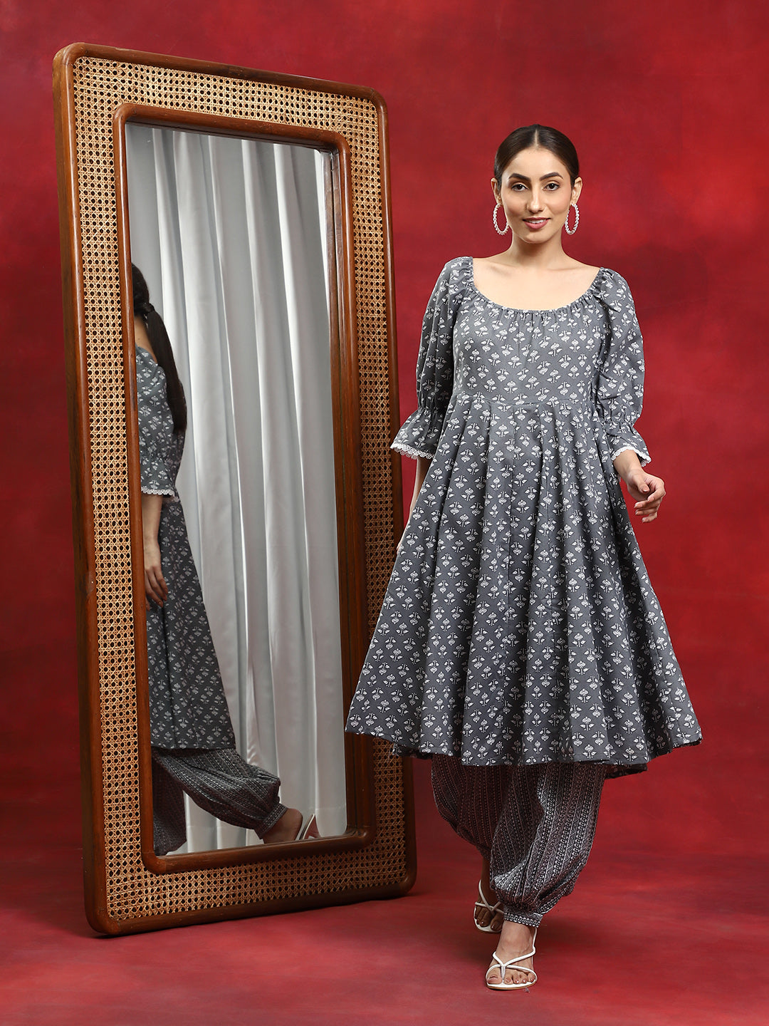 Grey Ethnic Motifs Anarkali With Afghani Salwar