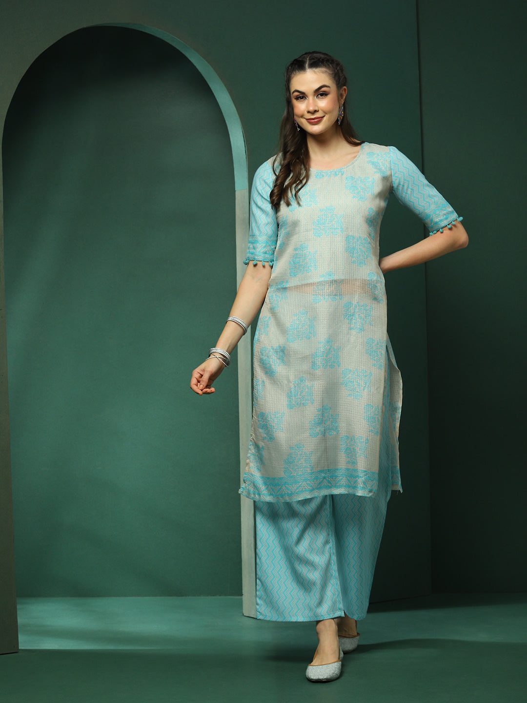 Cream & Blue Floral Print Kurta With Palazzo