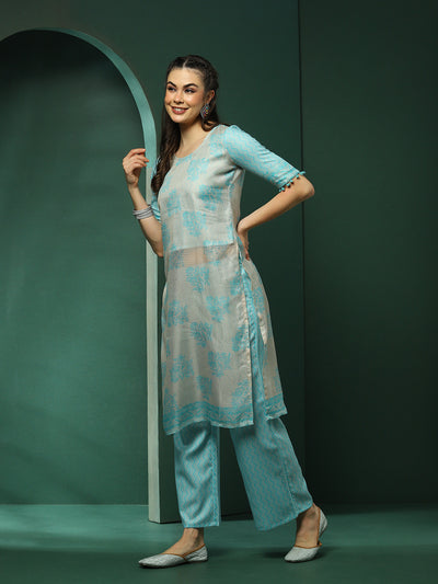 Cream & Blue Floral Print Kurta With Palazzo