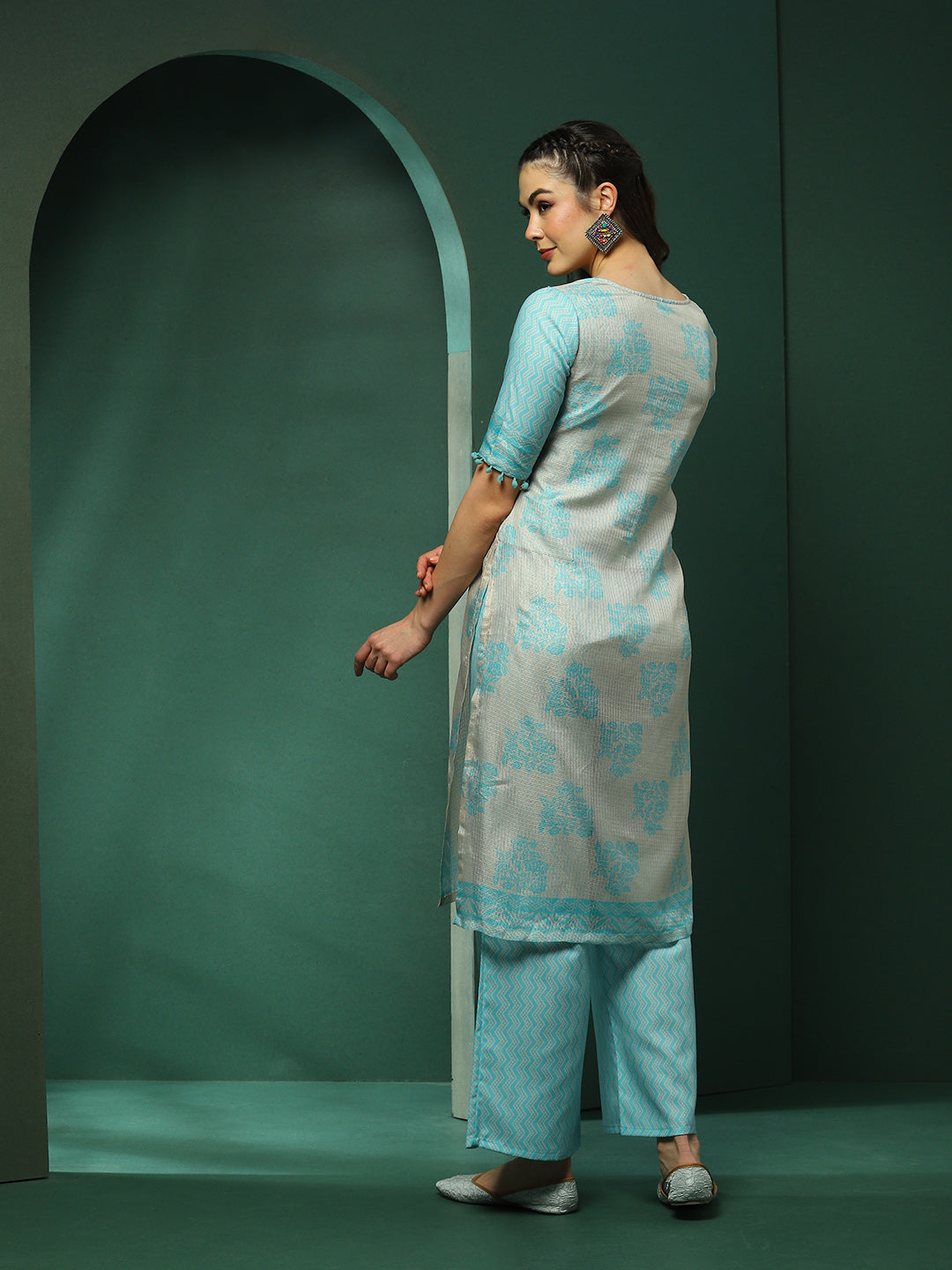 Cream & Blue Floral Print Kurta With Palazzo