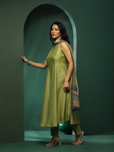 Green Digital Print Anarkali Pant With Dupatta