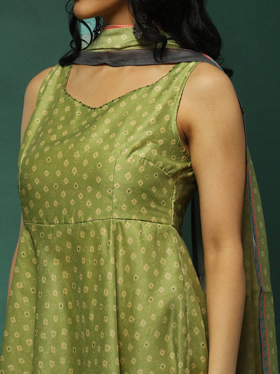 Green Digital Print Anarkali Pant With Dupatta