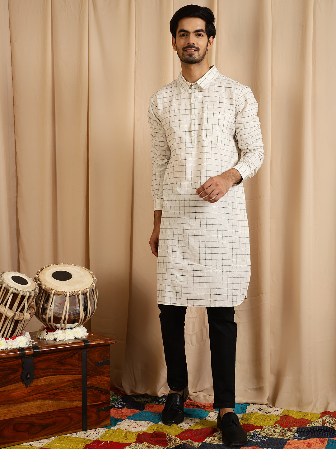 White Diamond Checked Pathani Kurta