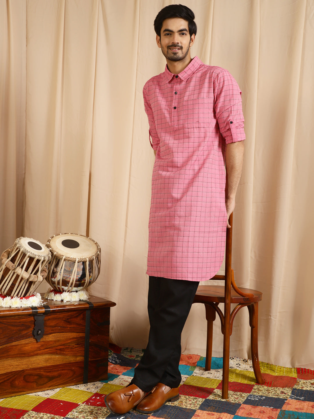 Pink Diamond Checked Pathani Kurta