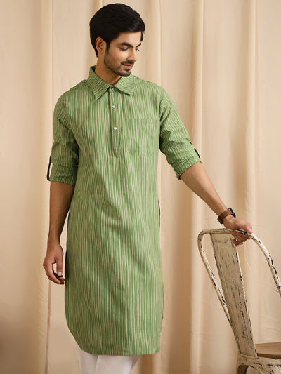 Green Striped Slim Fit Long Kurta