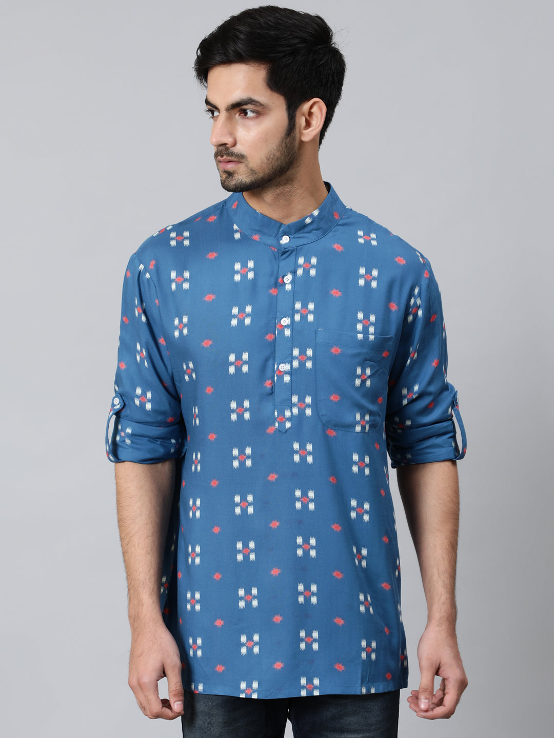 Blue Printed Short Kurta With Roll-Up Sleeves