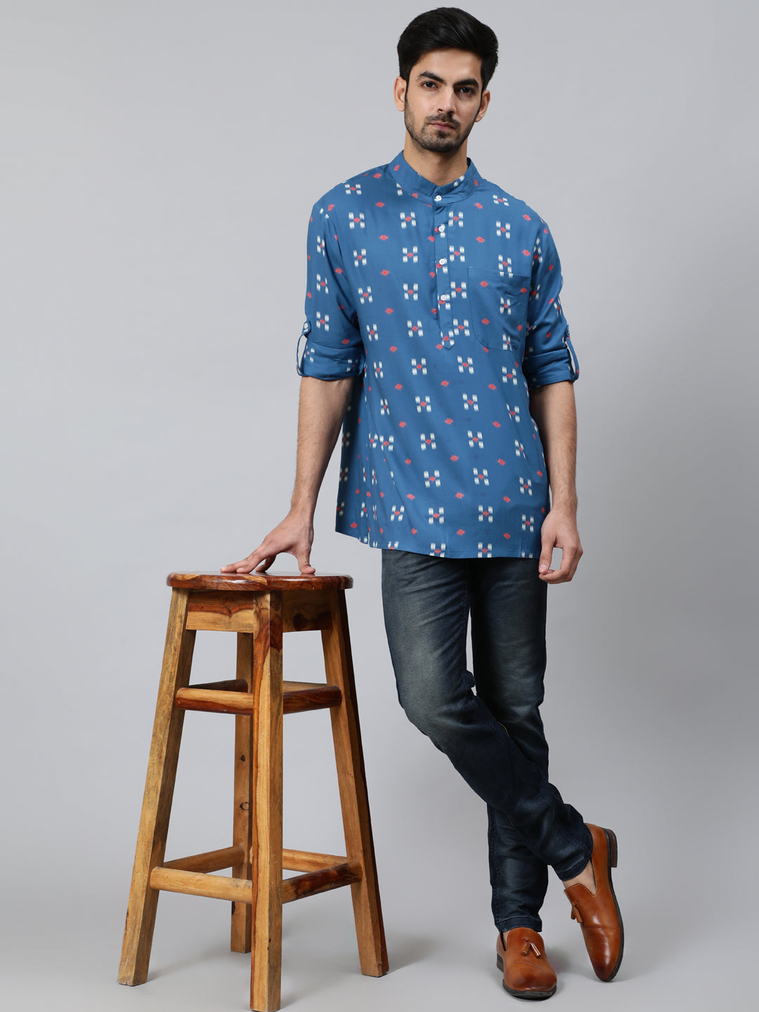 Blue Printed Short Kurta With Roll-Up Sleeves