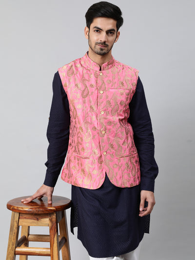 Pink Brocade Woven Designed Nehru Jacket