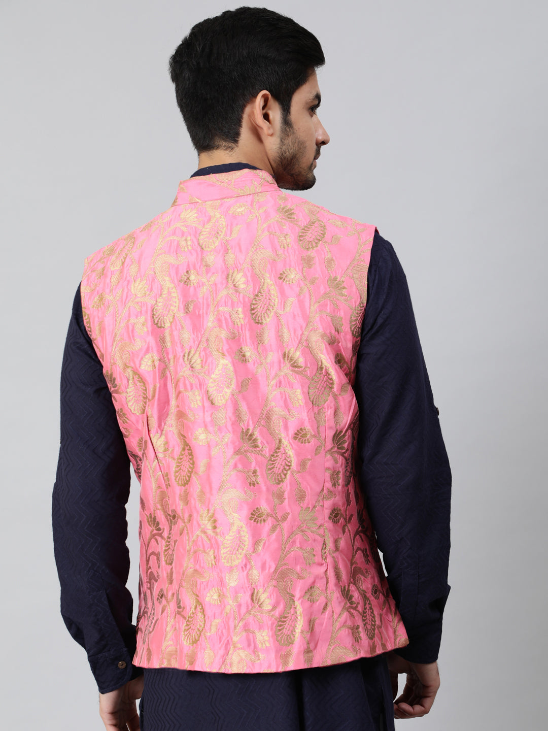 Pink Brocade Woven Designed Nehru Jacket