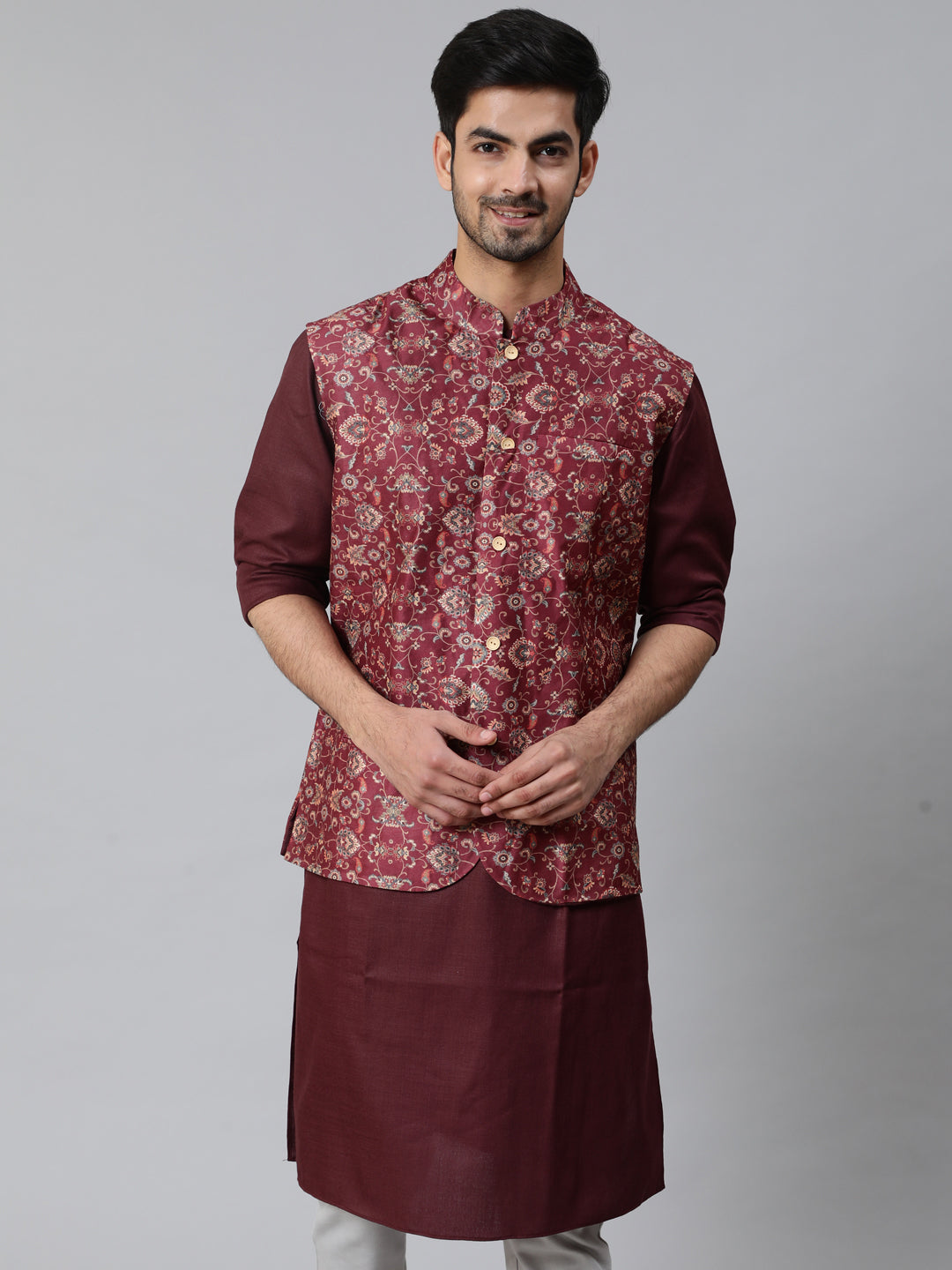Burgundy Kurta With Printed Nehru Jacket